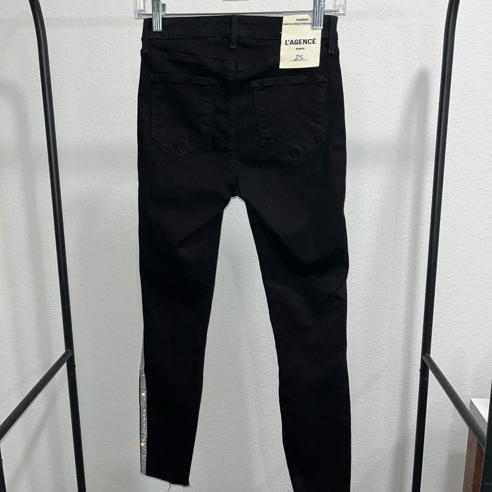 L'AGENCE | Margot Rhinestone Crystal-Stripe High-Rise Skinny Jeans in Black | 25